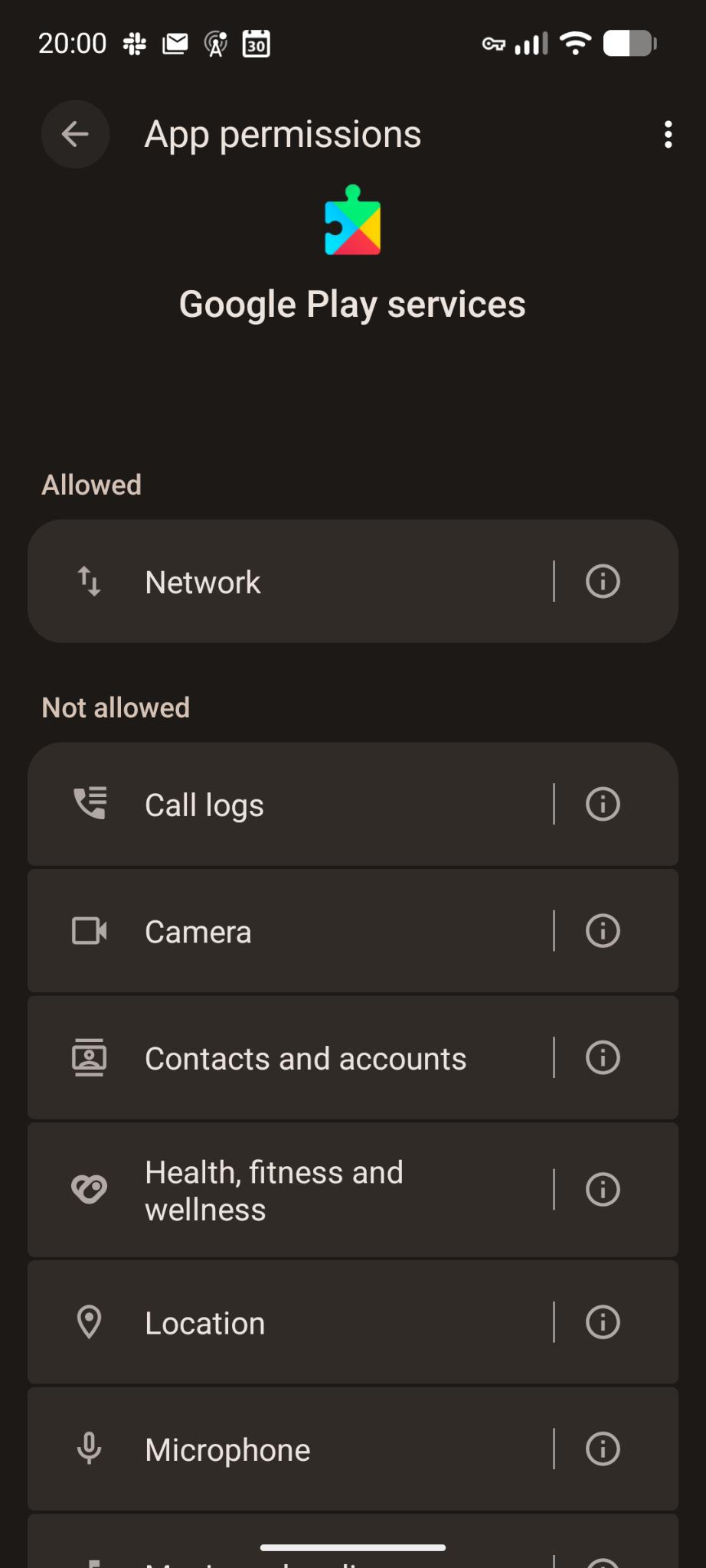 screenshot showing full permissions control over Google Play Services
